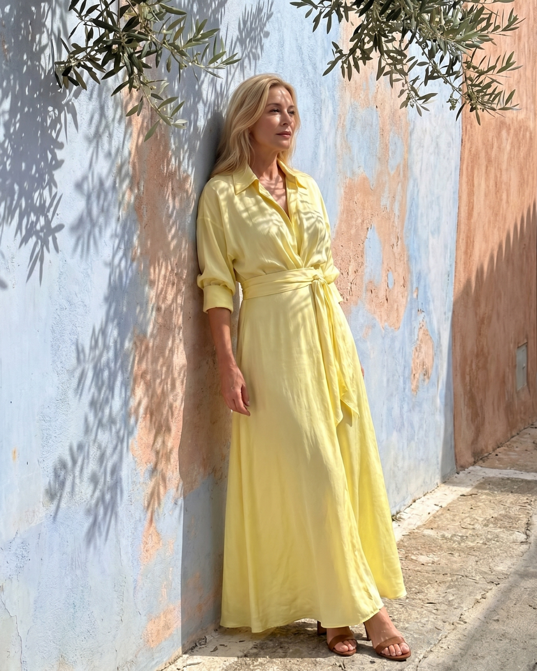 Lunlette | Belted Collared Flowing Long Sleeve Midi Dress