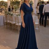 Selndra | Short Sleeve V Neck Flowing Maxi Dress