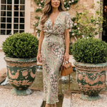 Mirrina | Abstract Print V Neck Twist Waist Midi Dress