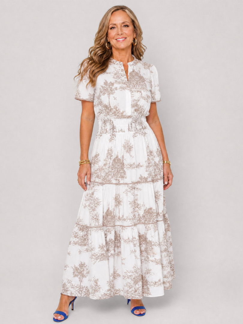 Fiobeth | Printed Short Sleeve Tiered Midi Dress