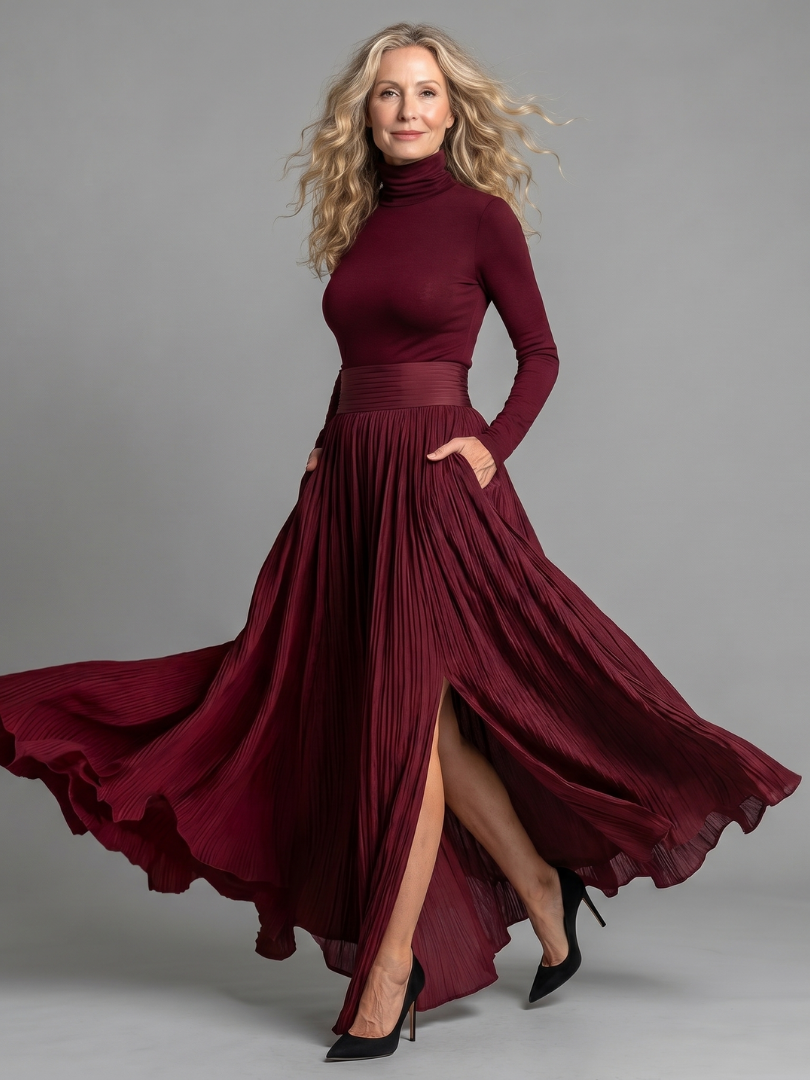 Velvia | Long Sleeve Turtleneck Defined Waist Midi Dress