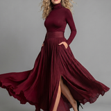 Velvia | Long Sleeve Turtleneck Defined Waist Midi Dress