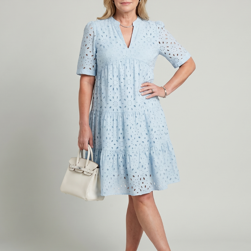 Isarina | Short Sleeve Eyelet Detail Knee Length Dress
