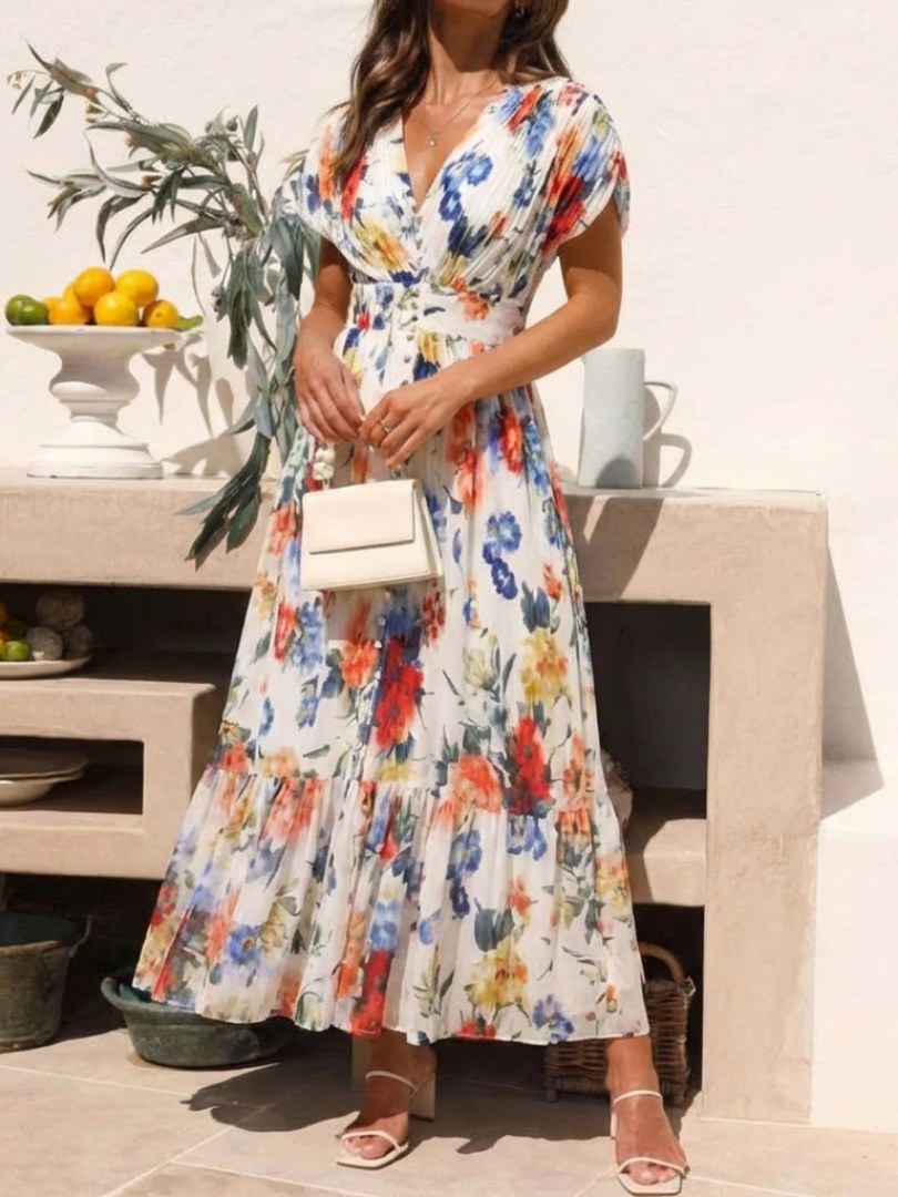 Elondra | Short Sleeve Pleated Floral Midi Dress