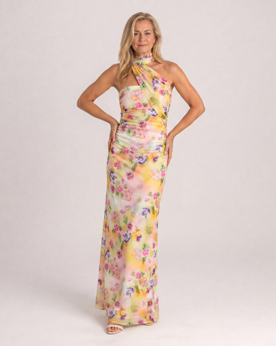 Veletta | Watercolor Floral One Shoulder Halter Maxi Dress