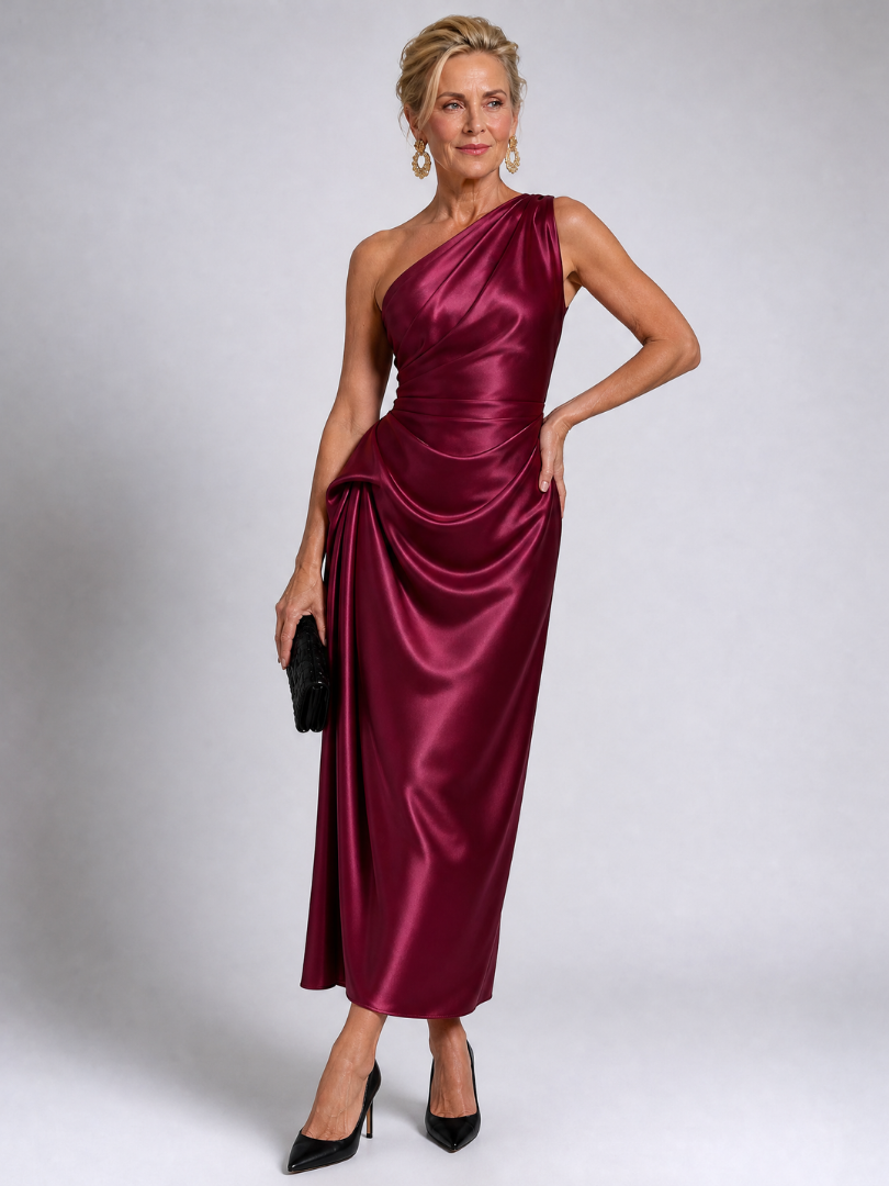 Celna | One Shoulder Draped Satin Midi Dress