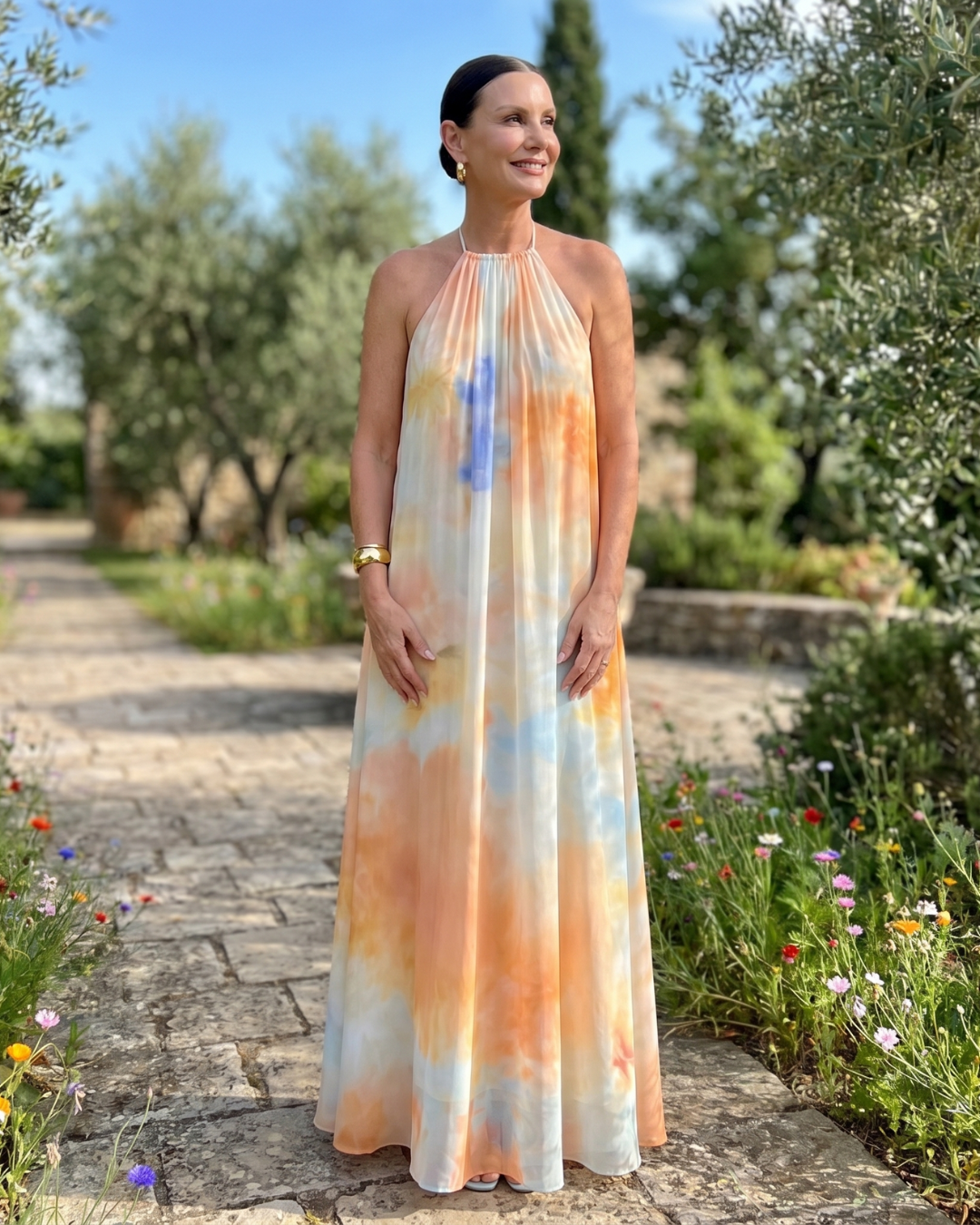 Larsette | Watercolor Halter Neck Flowing Maxi Dress
