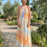 Larsette | Watercolor Halter Neck Flowing Maxi Dress