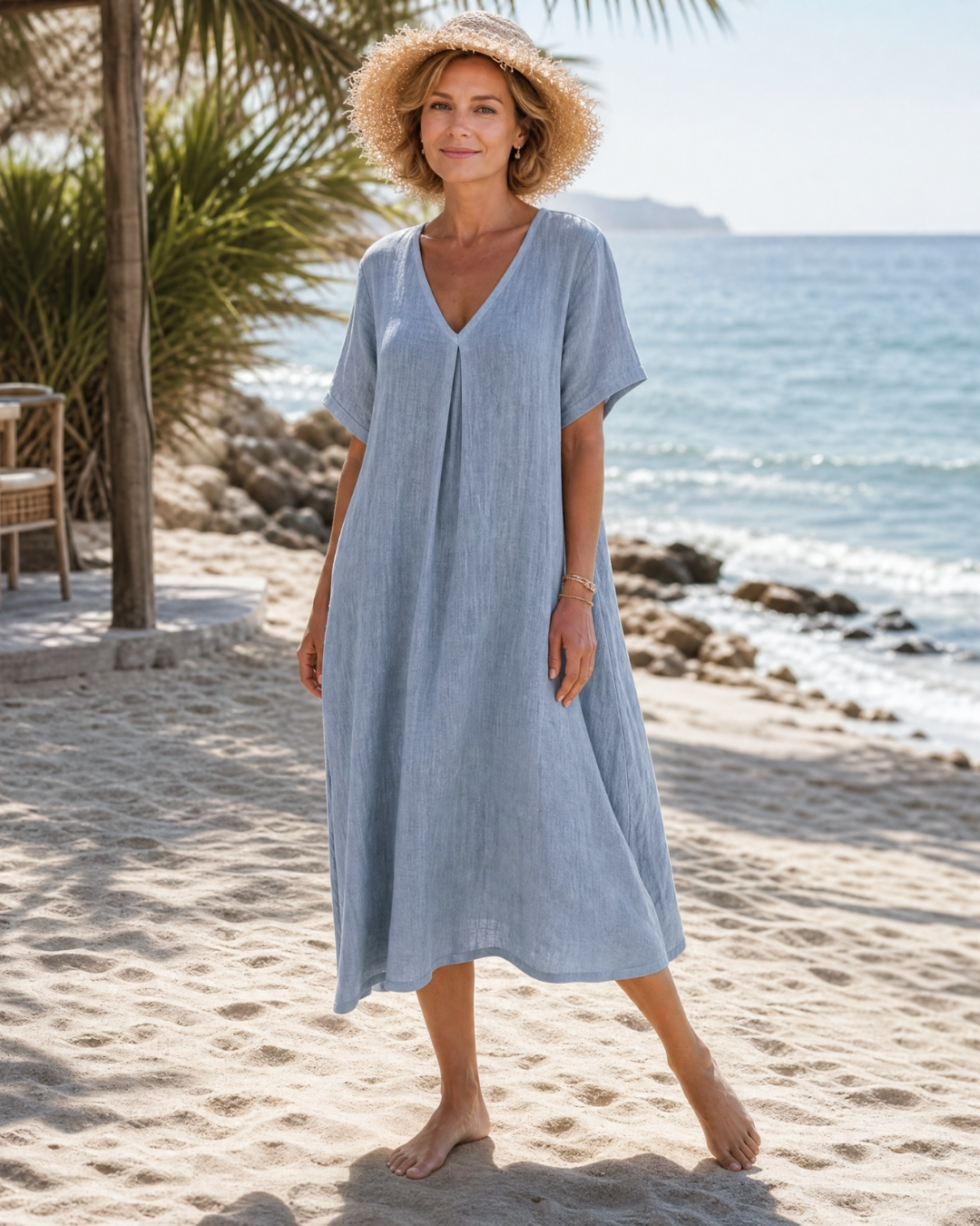Faevia | Washed Cotton Blend V Neck Relaxed Midi Dress