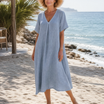 Faevia | Washed Cotton Blend V Neck Relaxed Midi Dress