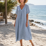 Faevia | Washed Cotton Blend V Neck Relaxed Midi Dress