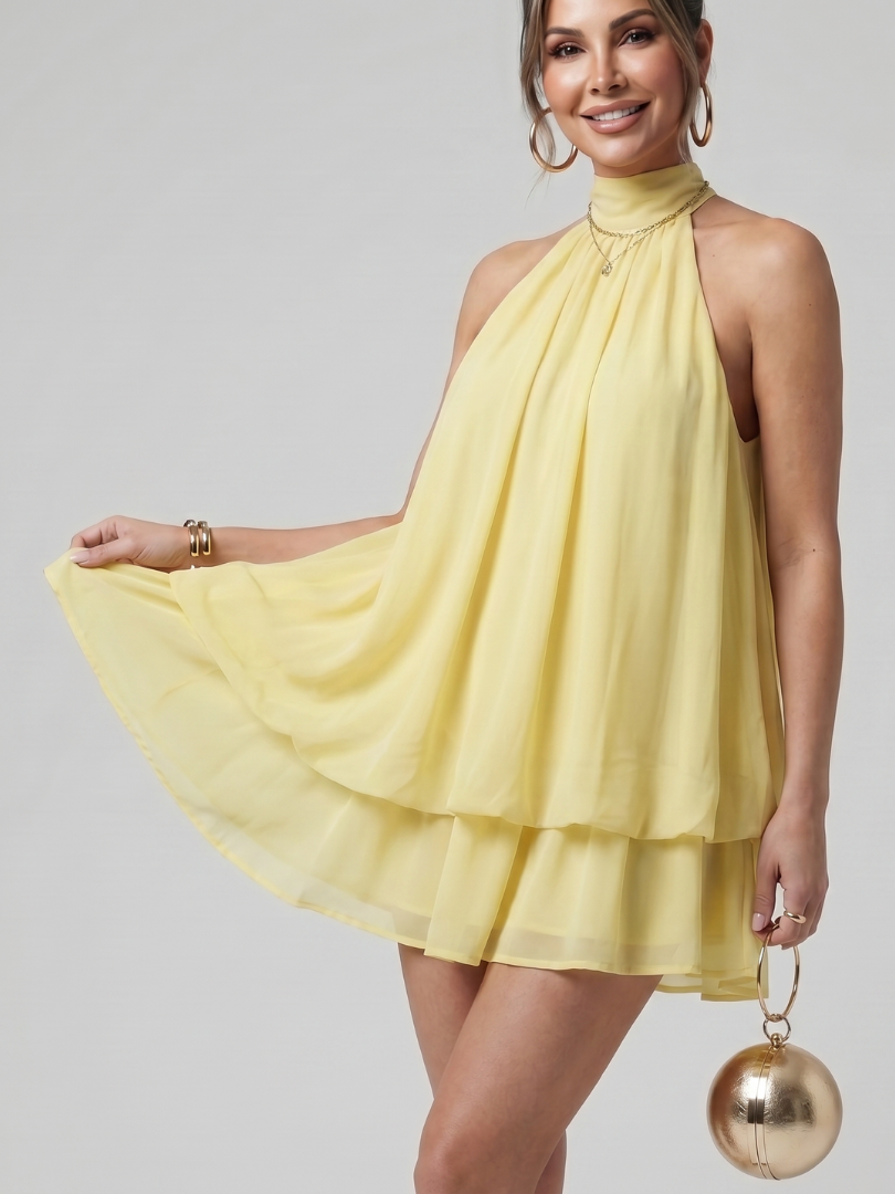 Marensia | High Neck Layered Chiffon Flared Hem Mini Dress