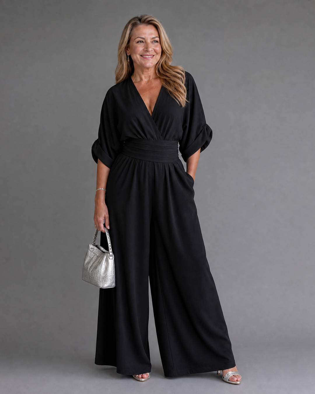 Persia | Draped V Neck Wide Leg Relaxed Jumpsuit