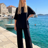 Belndra | Short Sleeve Oversized Top And Wide Leg Pants Set