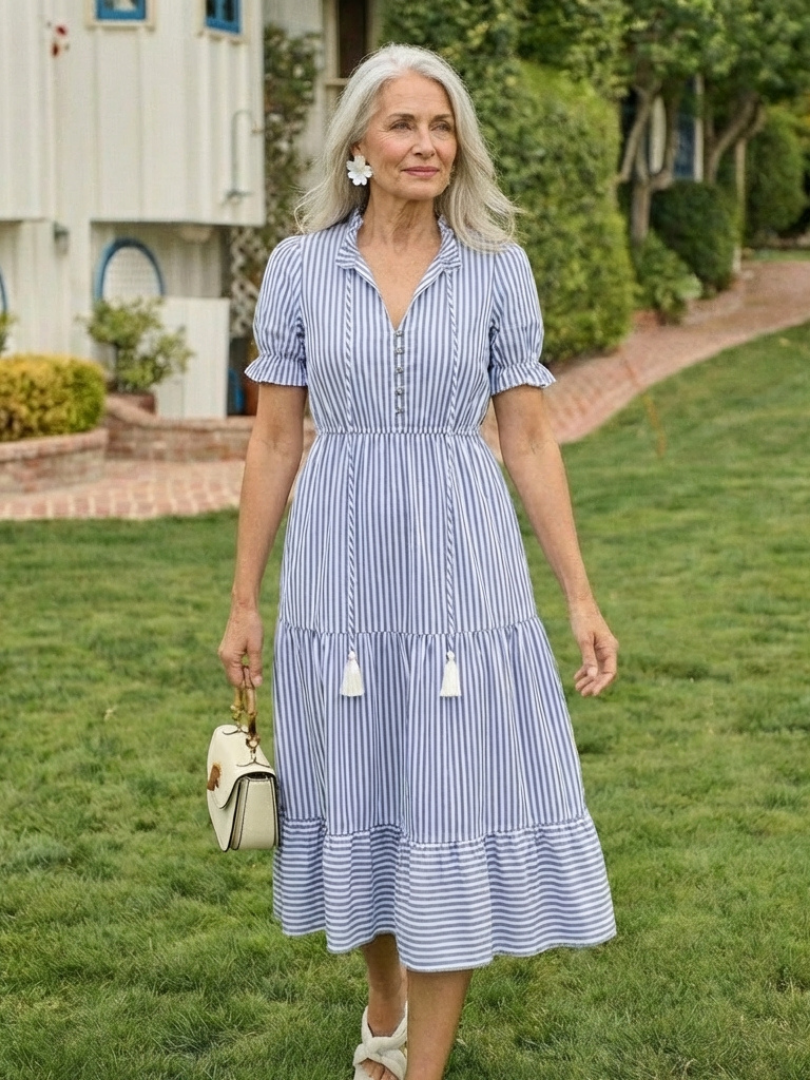 Romysia | Short Sleeve Striped Tiered Midi Dress