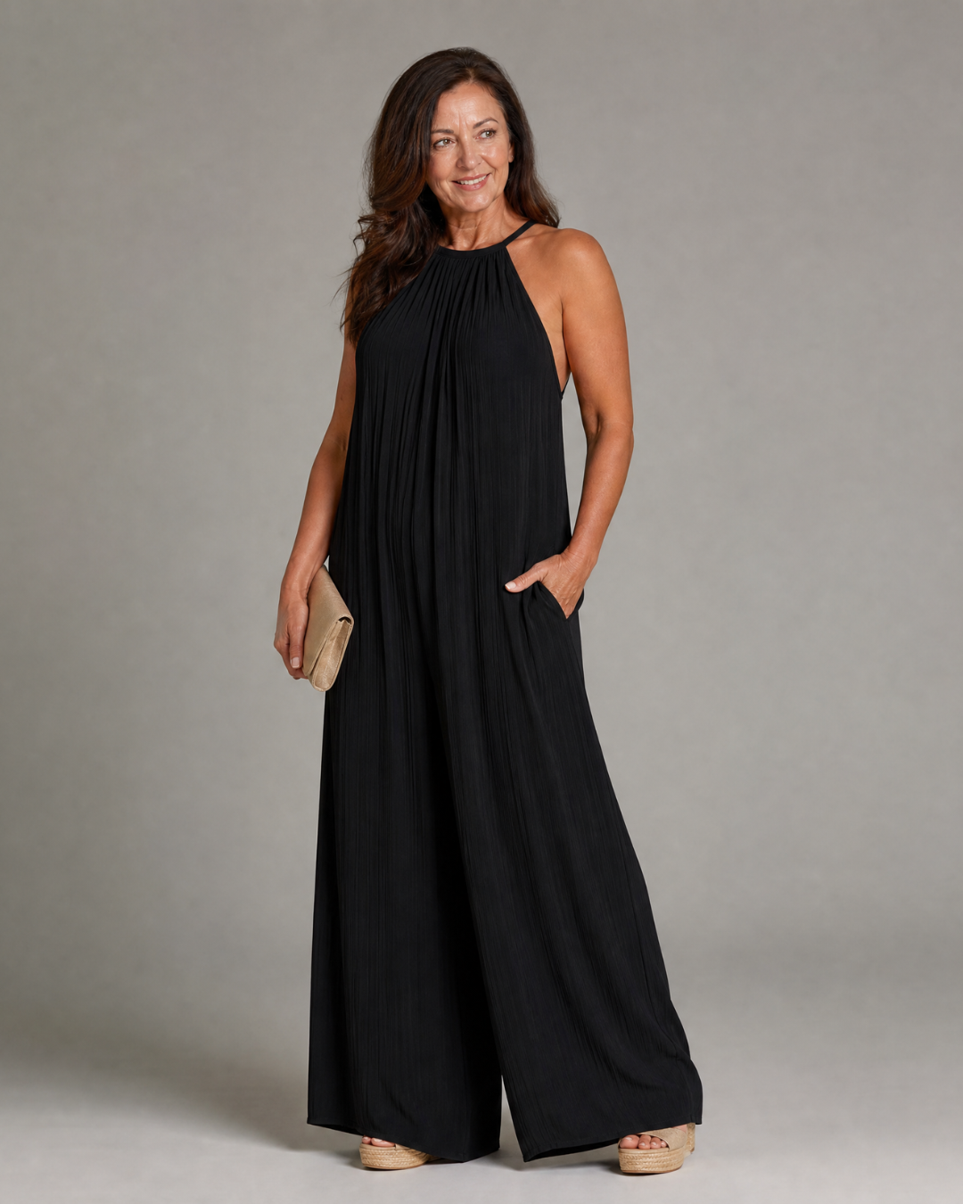Gretabeth | Pleated Halter Neck Wide Leg Relaxed Jumpsuit