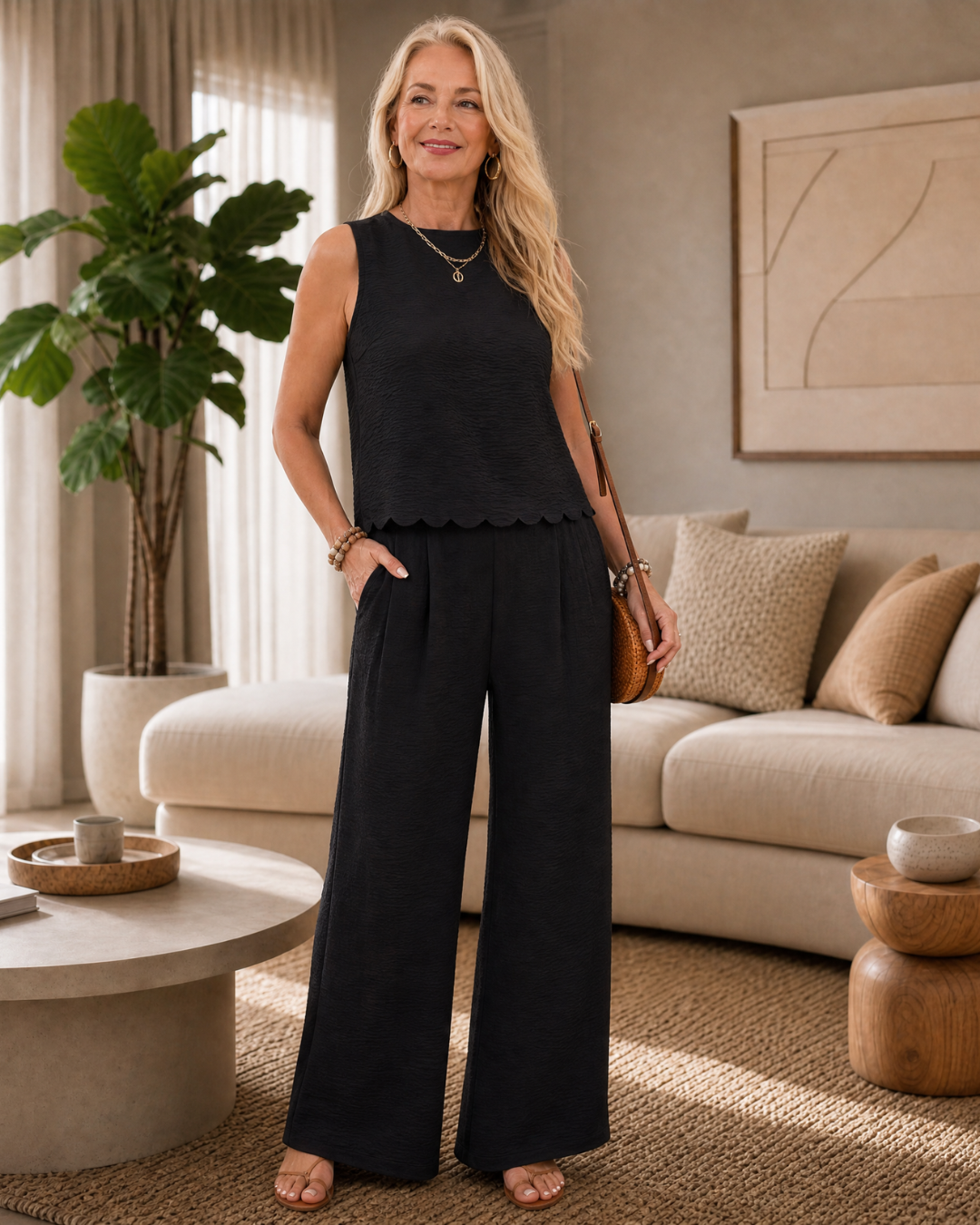 Normae | Textured Tie Back Top And Wide Leg Pants Set