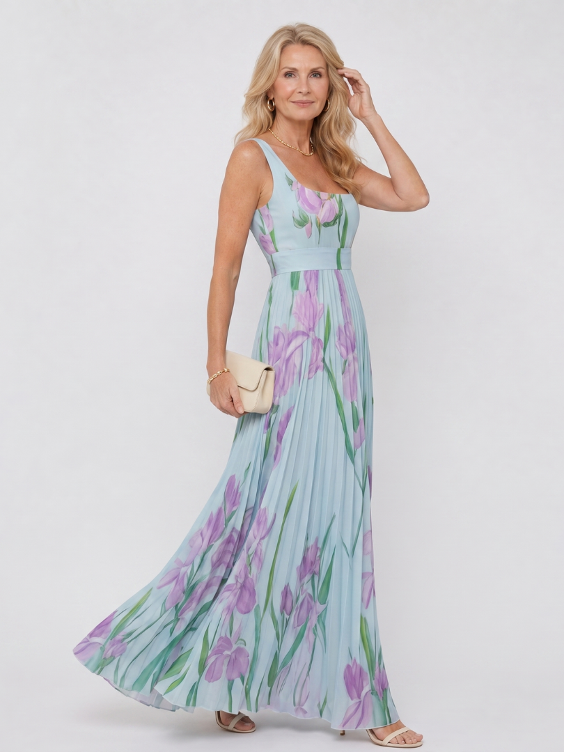 Camwen | Pleated Sleeveless Square Neck Midi Dress