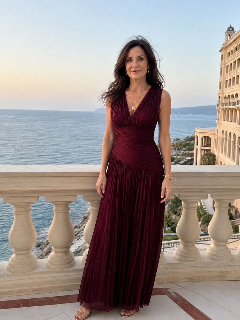 Viosia | Sleeveless Pleated V Neck Midi Dress