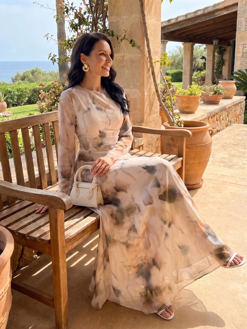 Kaldra | Long Sleeve Abstract Print Waist Maxi Dress