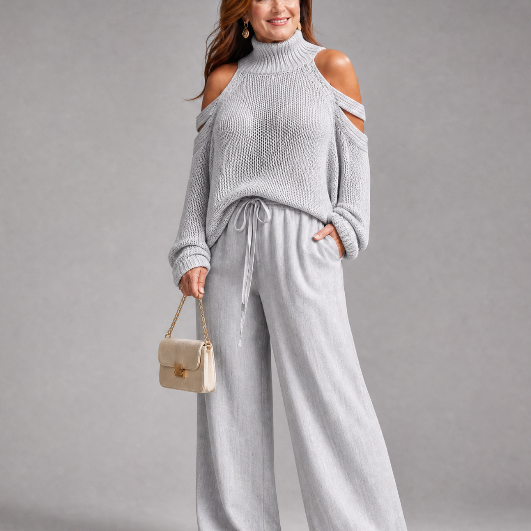 Perthea | Cold Shoulder Knit Sweater Wide Leg Pants Set