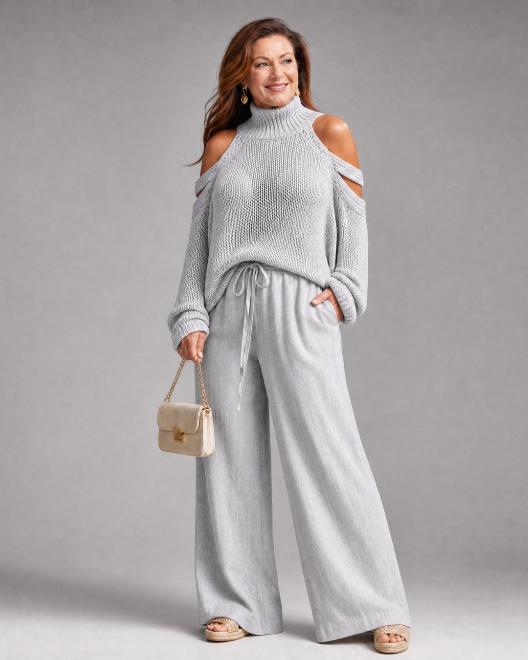 Perthea | Cold Shoulder Knit Sweater Wide Leg Pants Set