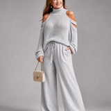 Perthea | Cold Shoulder Knit Sweater Wide Leg Pants Set