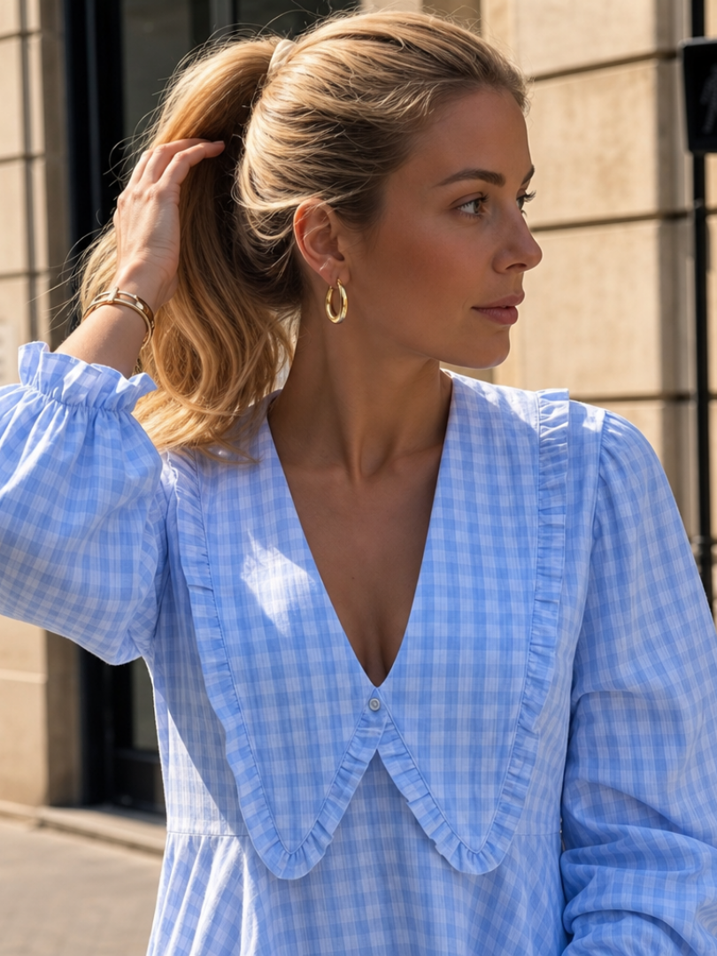 Romirose | Ruffle Collar And Gingham Pattern Mini Dress