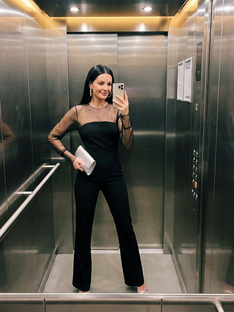 Thalette | Sheer Fitted Bodice Flared Leg Jumpsuit