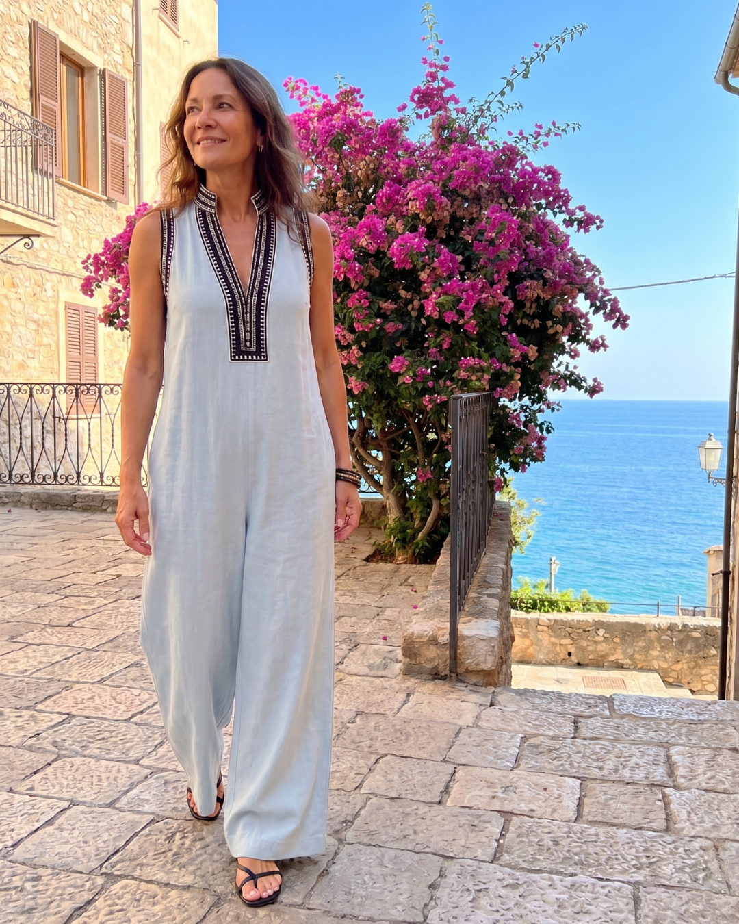 Zarbelle | Embroidered V Neck Sleeveless Wide Leg Jumpsuit