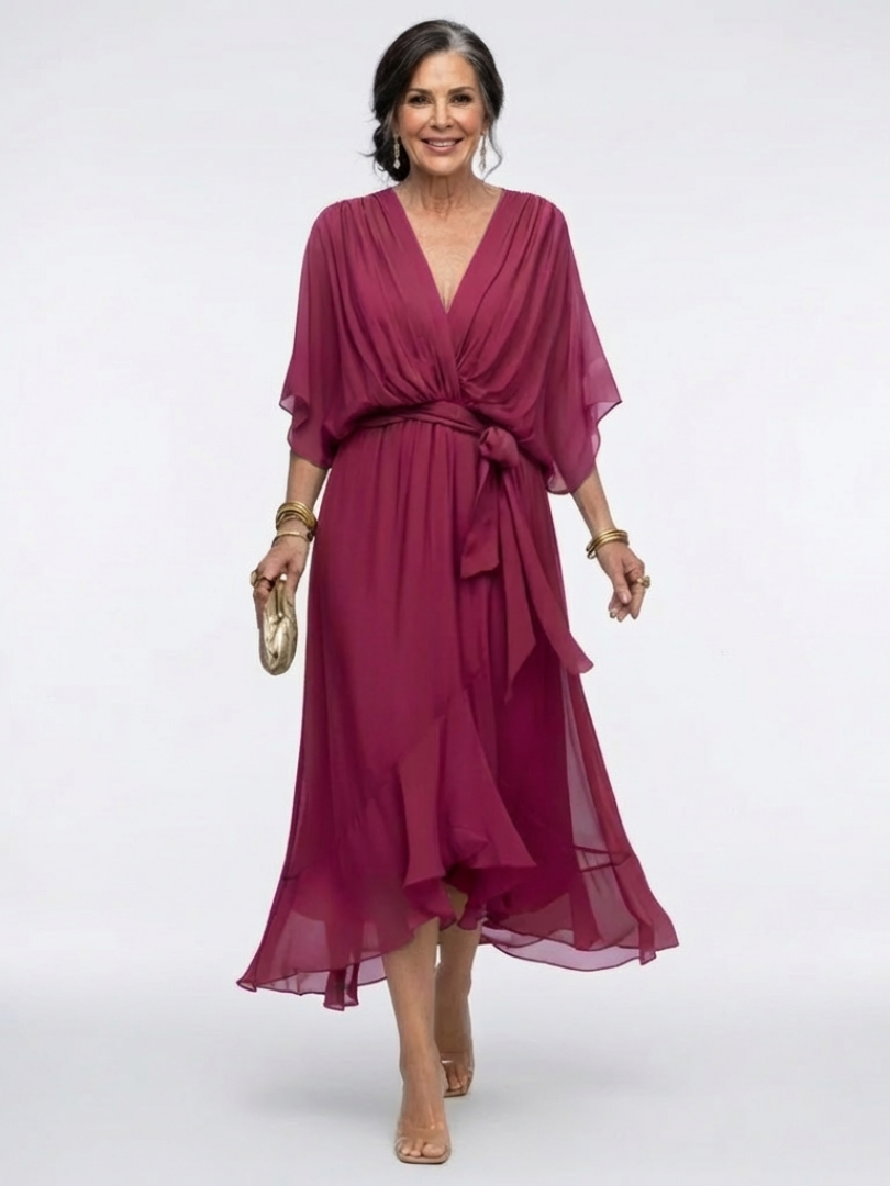 Mirmarie | V Neck Draped Waist Tie Midi Dress