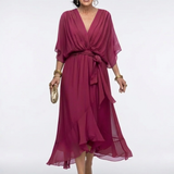 Mirmarie | V Neck Draped Waist Tie Midi Dress