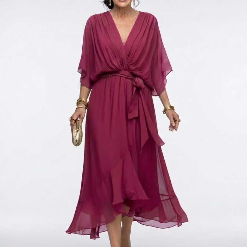 Mirmarie | V Neck Draped Waist Tie Midi Dress