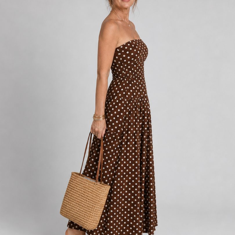 Romisette | Strapless Polka Dot Pattern Midi Dress