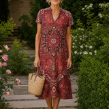 Vesine | Floral Collared Short Sleeve Midi Dress