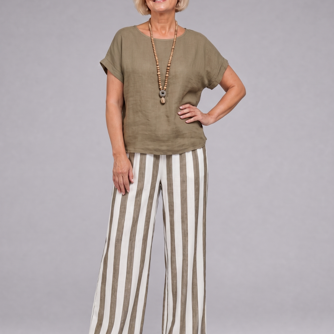 Magdara | Linen Blend Top And Striped Wide Leg Pants Set