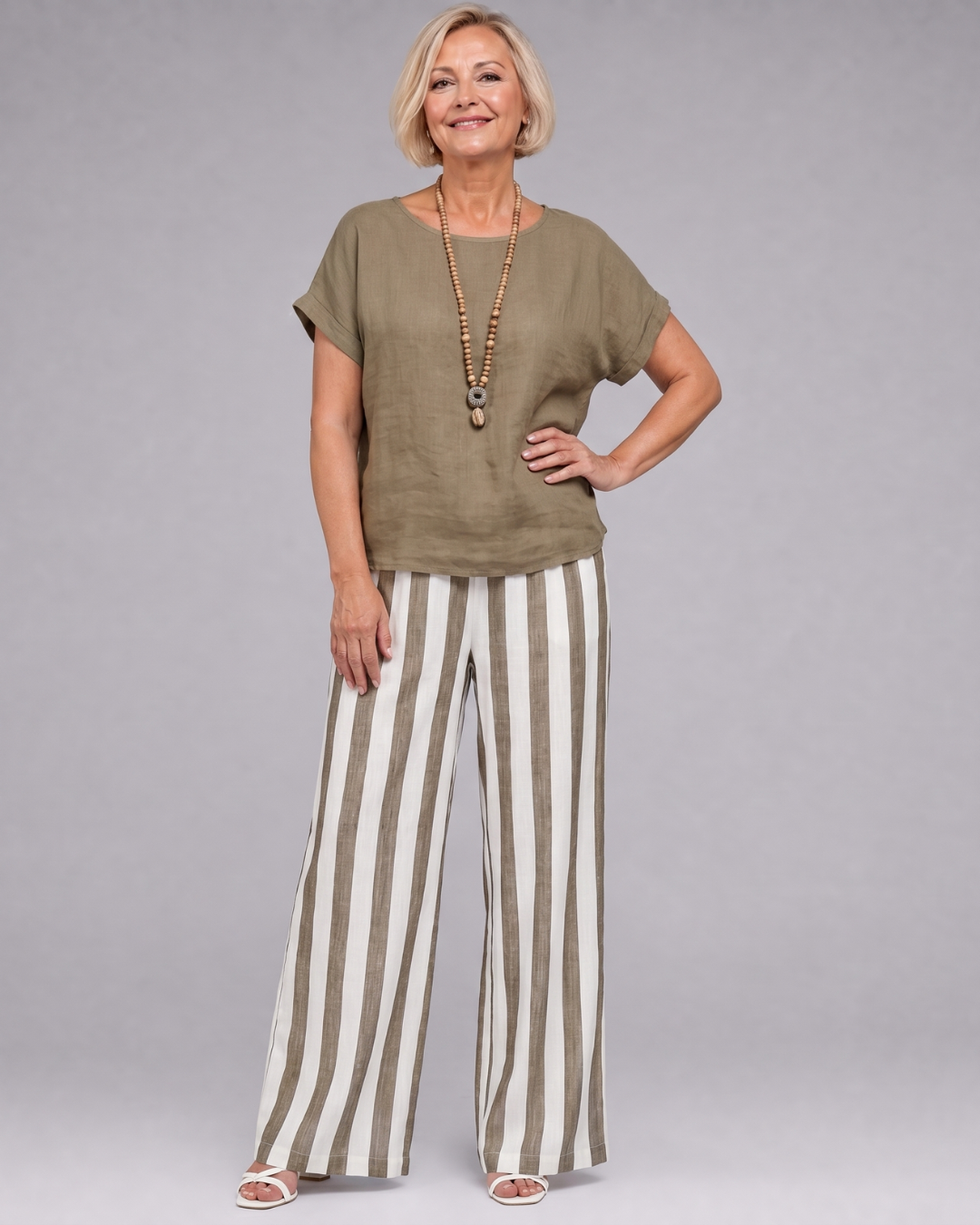 Magdara | Linen Blend Top And Striped Wide Leg Pants Set