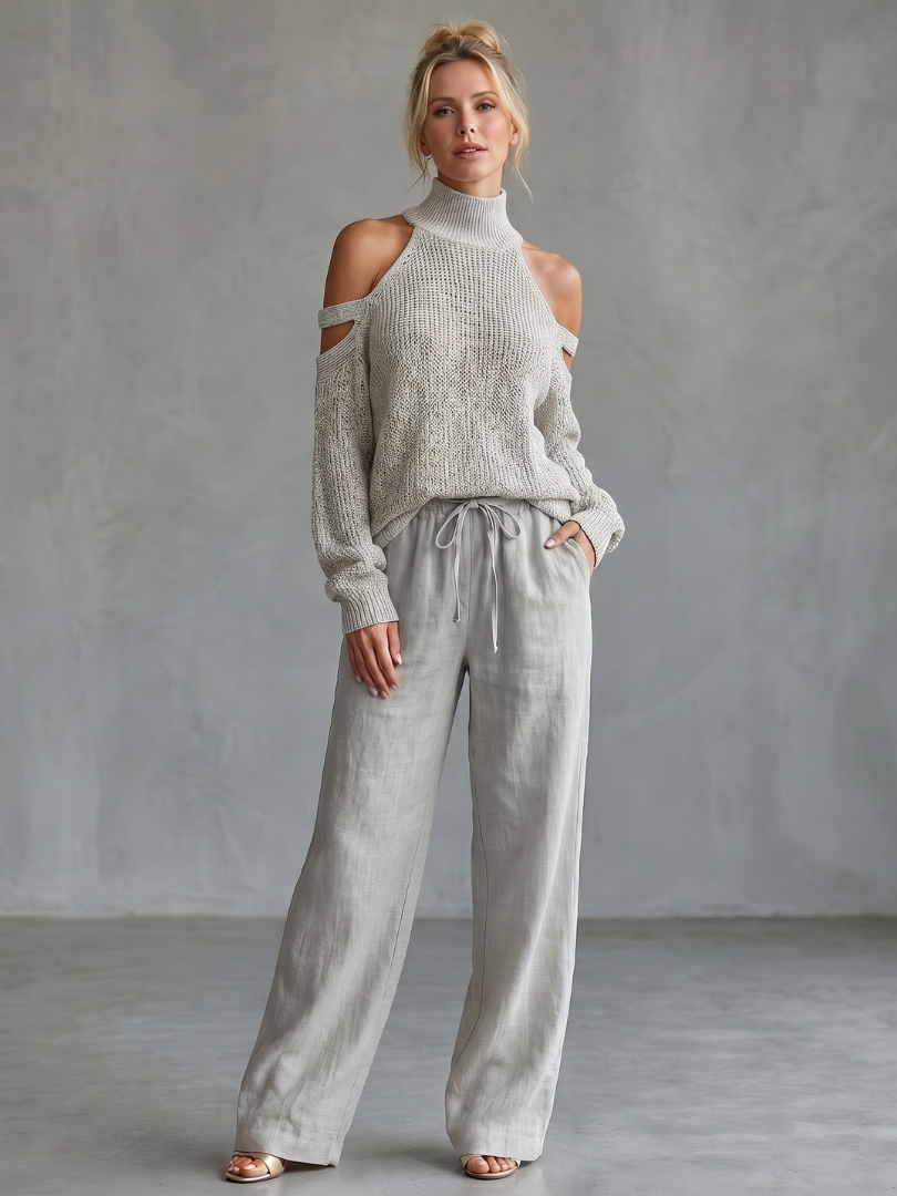 Dahlette | Open Shoulder Knit Top And Wide Leg Pants Set