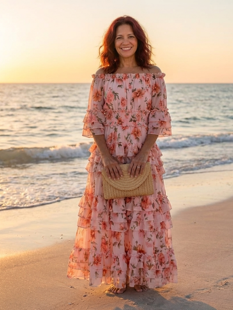 Kalsette | Off Shoulder Floral Ruffle Tiered Maxi Dress