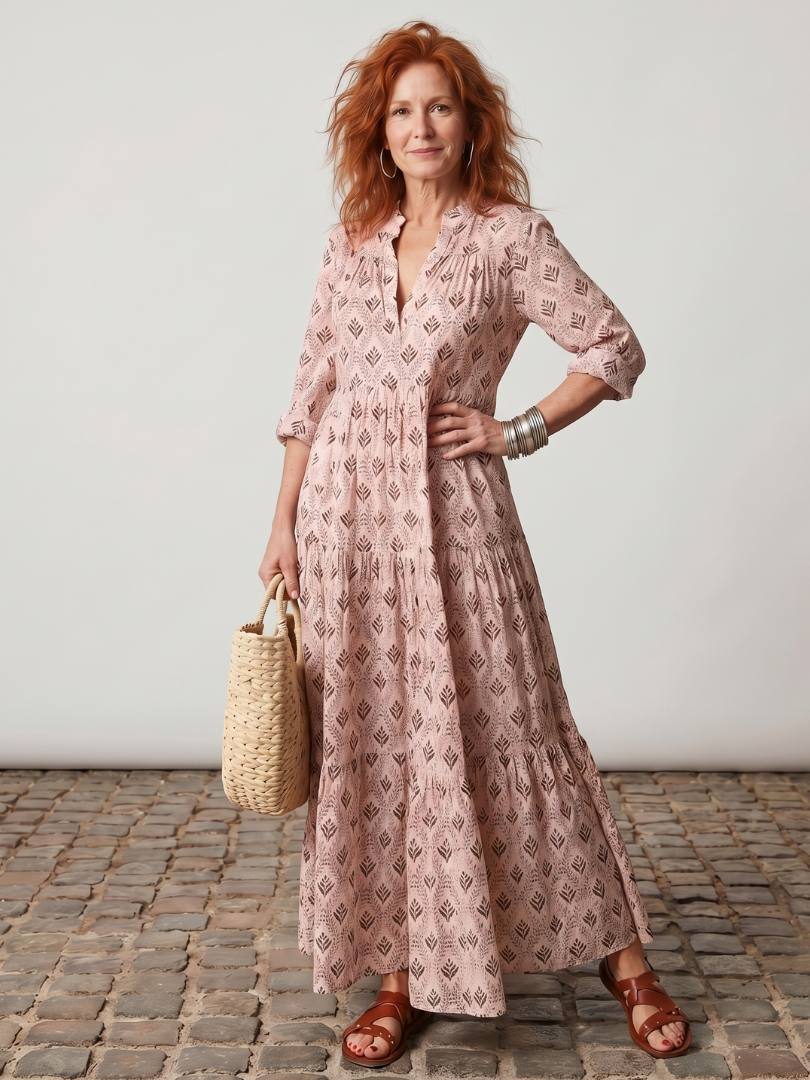 Teswen | Notch Neck Printed Long Sleeve Maxi Dress