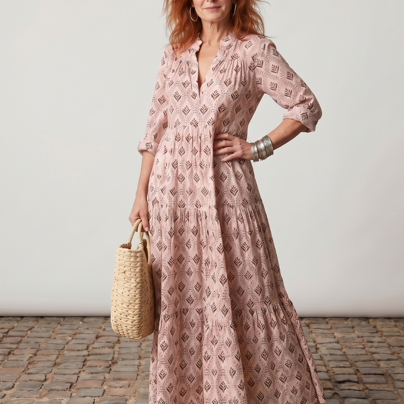 Teswen | Notch Neck Printed Long Sleeve Maxi Dress