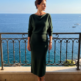 Saffwynne | Draped Neckline Fitted Skirt Midi Dress
