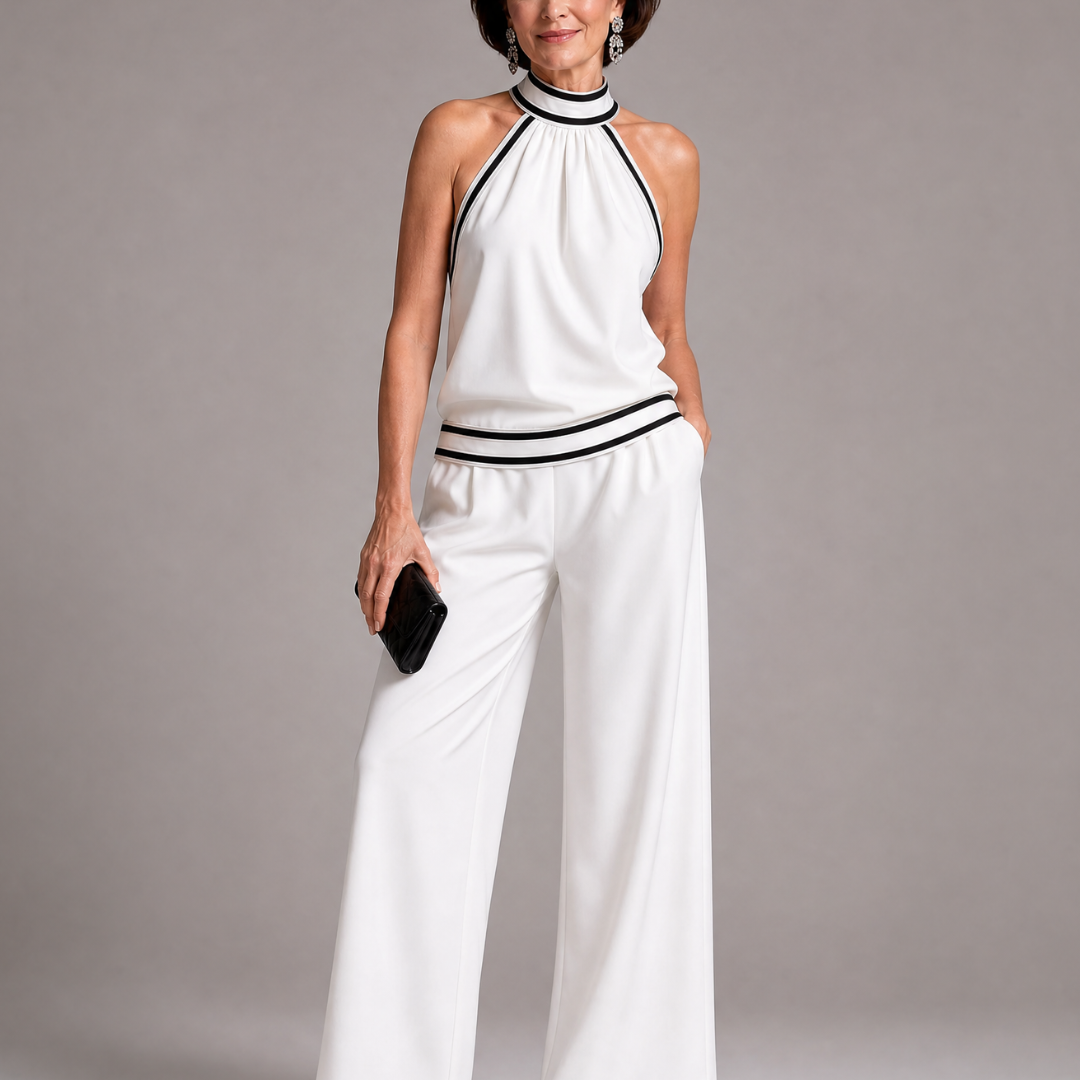 Elira | Contrast Trim Halter Neck Wide Leg Jumpsuit
