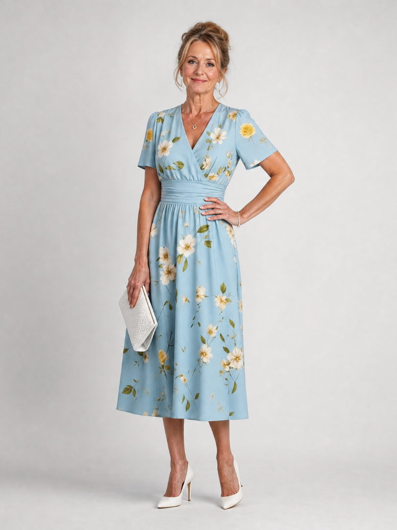 Serwynne | Floral Print Short Sleeve V Neck Midi Dress