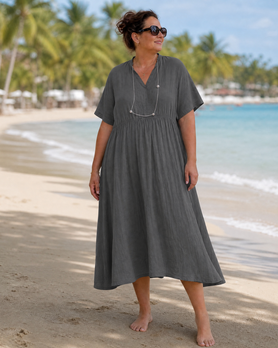Thallyn | Textured V Neck Relaxed Short Sleeve Midi Dress