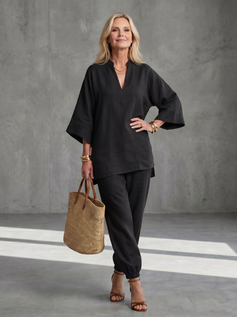 Perrina | V Neck Tunic Gathered Trouser Set