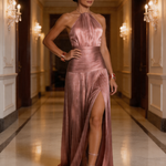 Nevrin | Halter Neck Pleated High Slit Maxi Dress