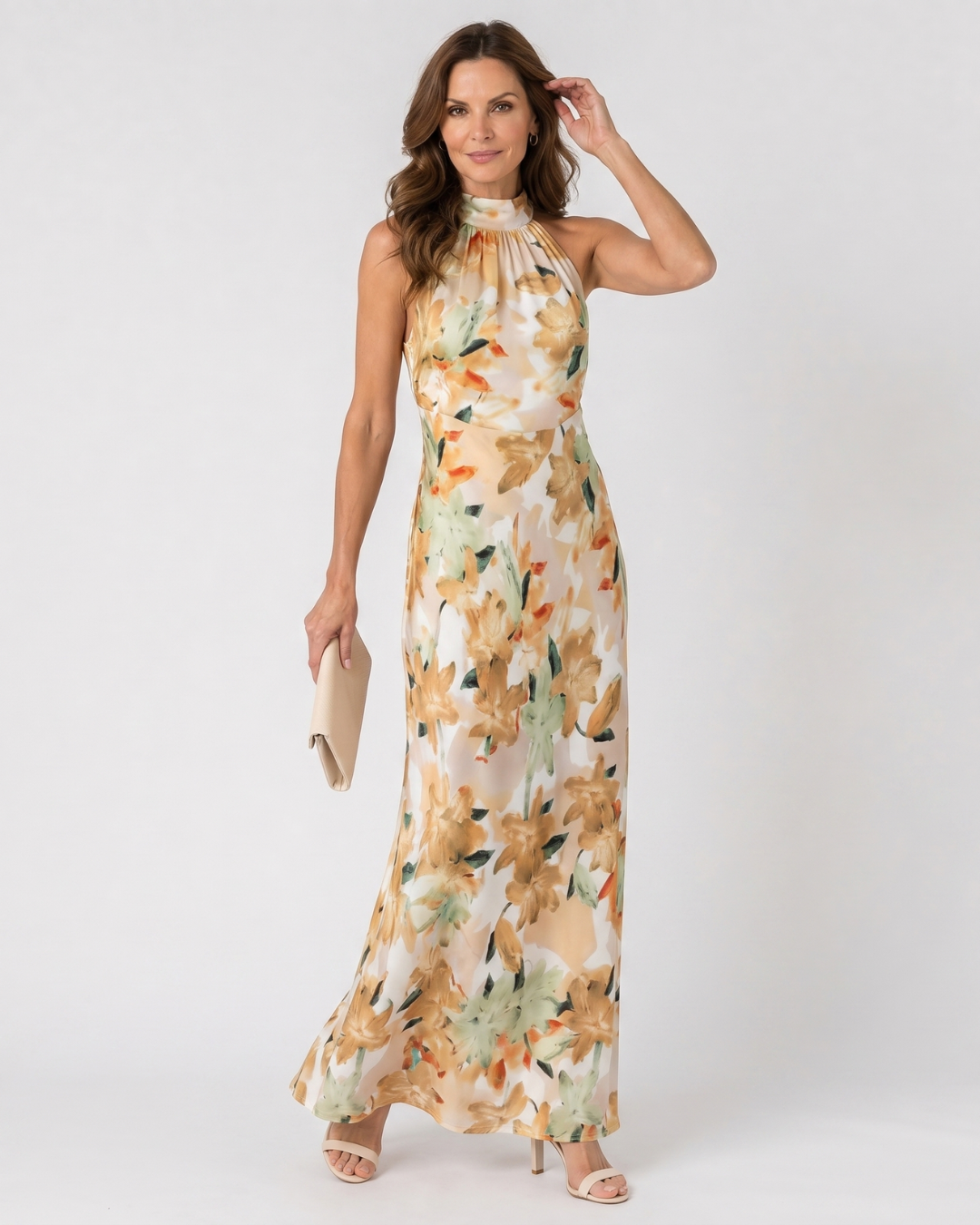Hilandra | Botanical Print Halter Neck Flowing Midi Dress