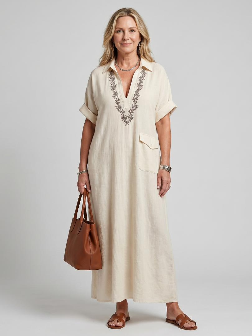 Kalthea | Short Sleeve V Neck  Embroidered Detail Midi Dress