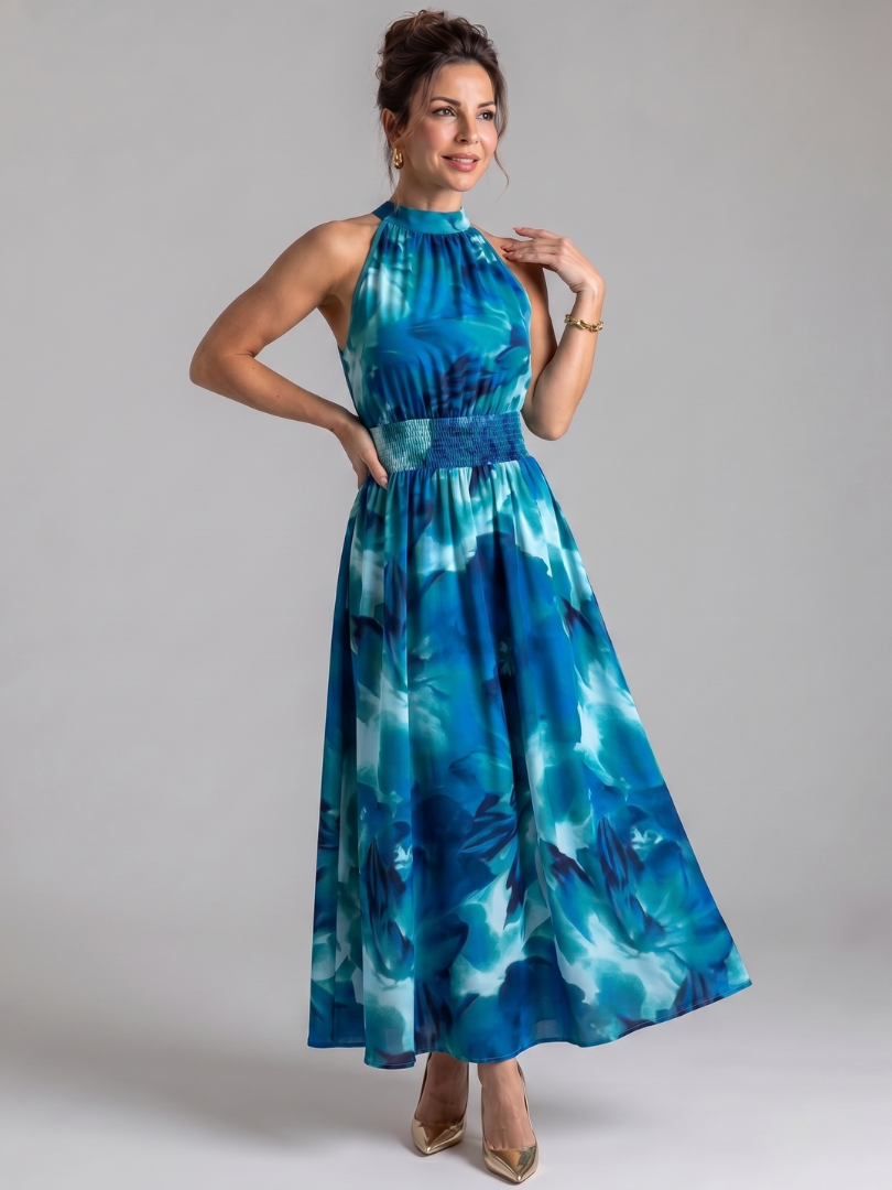 Fionia | Gathered Waist Abstract Print Midi Dress